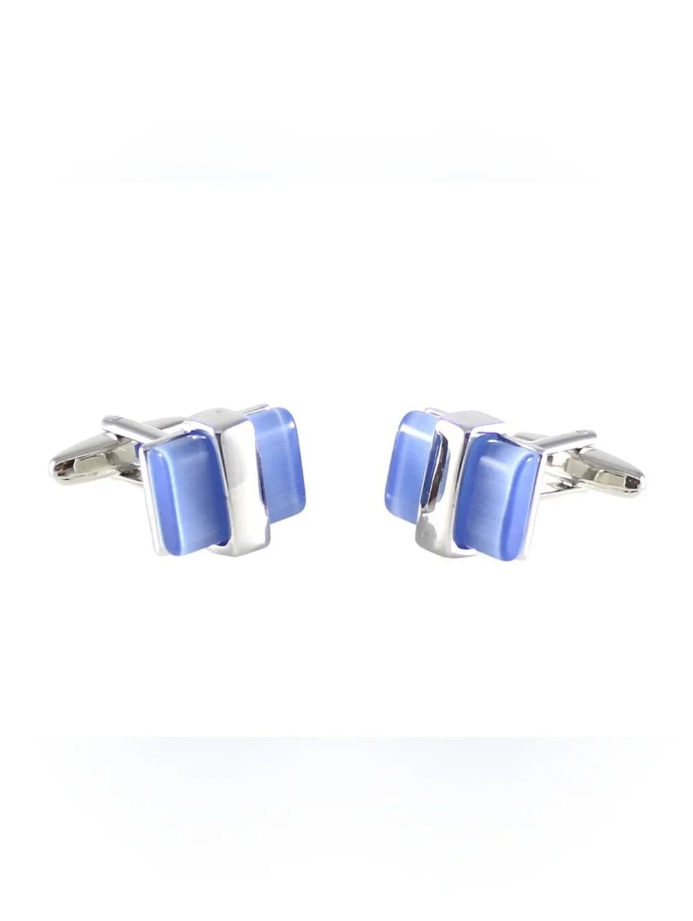 Men's Silver Tone Blue Cat's Eye  Rectangular Cufflinks Formal